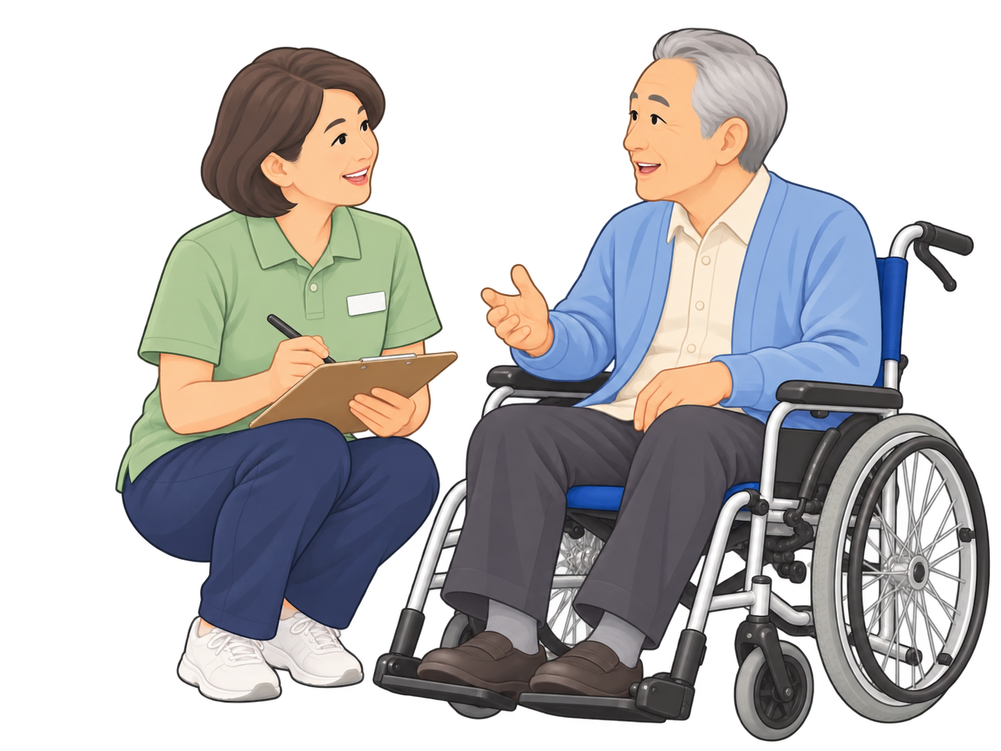 介護福祉士が車いすのお客様と目線を合わせ、メモを取りながら希望や身体の状態を伺うイラスト
